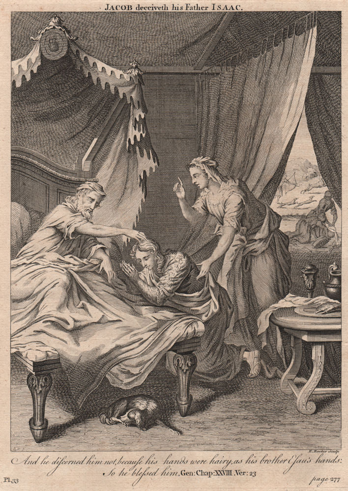 BIBLE. Genesis 28.23 Jacob deceiveth his father Isaac 1752 old antique print